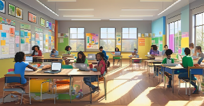 A diverse group of students working together on laptops in a bright classroom, with a teacher guiding them among educational posters.