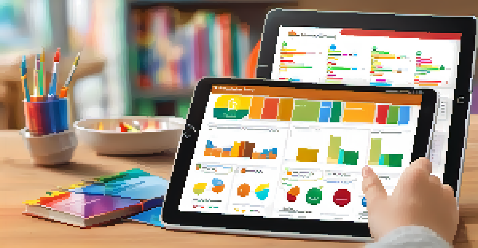 A student's hands holding a tablet with a personalized learning dashboard, set in a cozy study area filled with books.