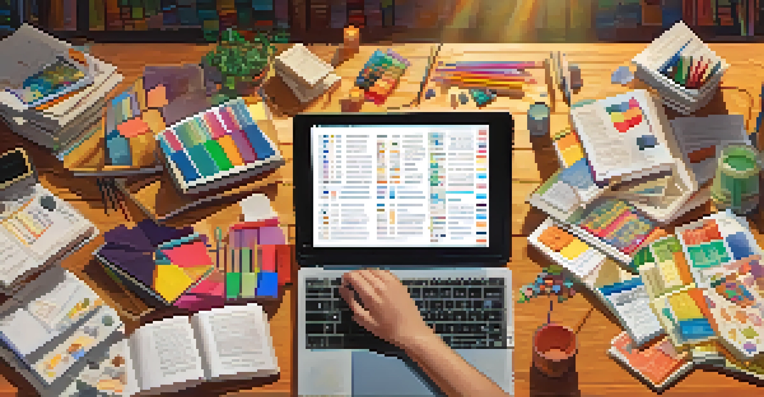 Close-up of a student's hands on a laptop surrounded by colorful educational materials.