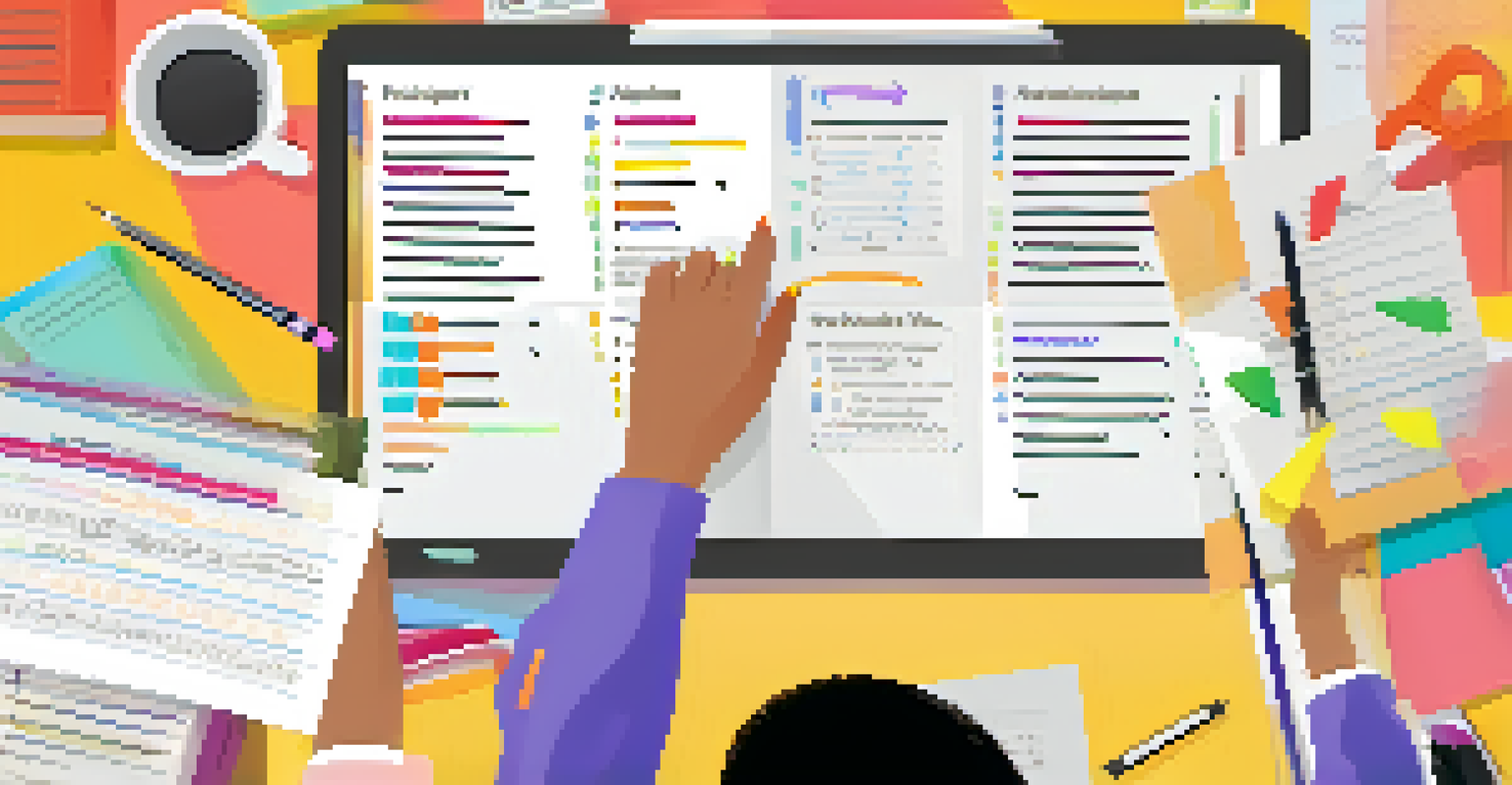 A close-up of a teacher giving feedback on a student's assignment in a colorful classroom, with a focus on handwritten notes and a scoring rubric.