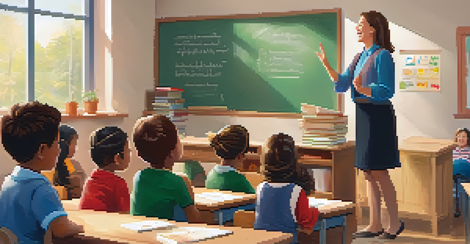 A teacher praising a student in a classroom, with classmates clapping and smiling, surrounded by positive messages on the chalkboard.