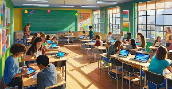 A lively classroom with students of various backgrounds actively using mobile devices for educational purposes, surrounded by colorful decorations and bright sunlight.