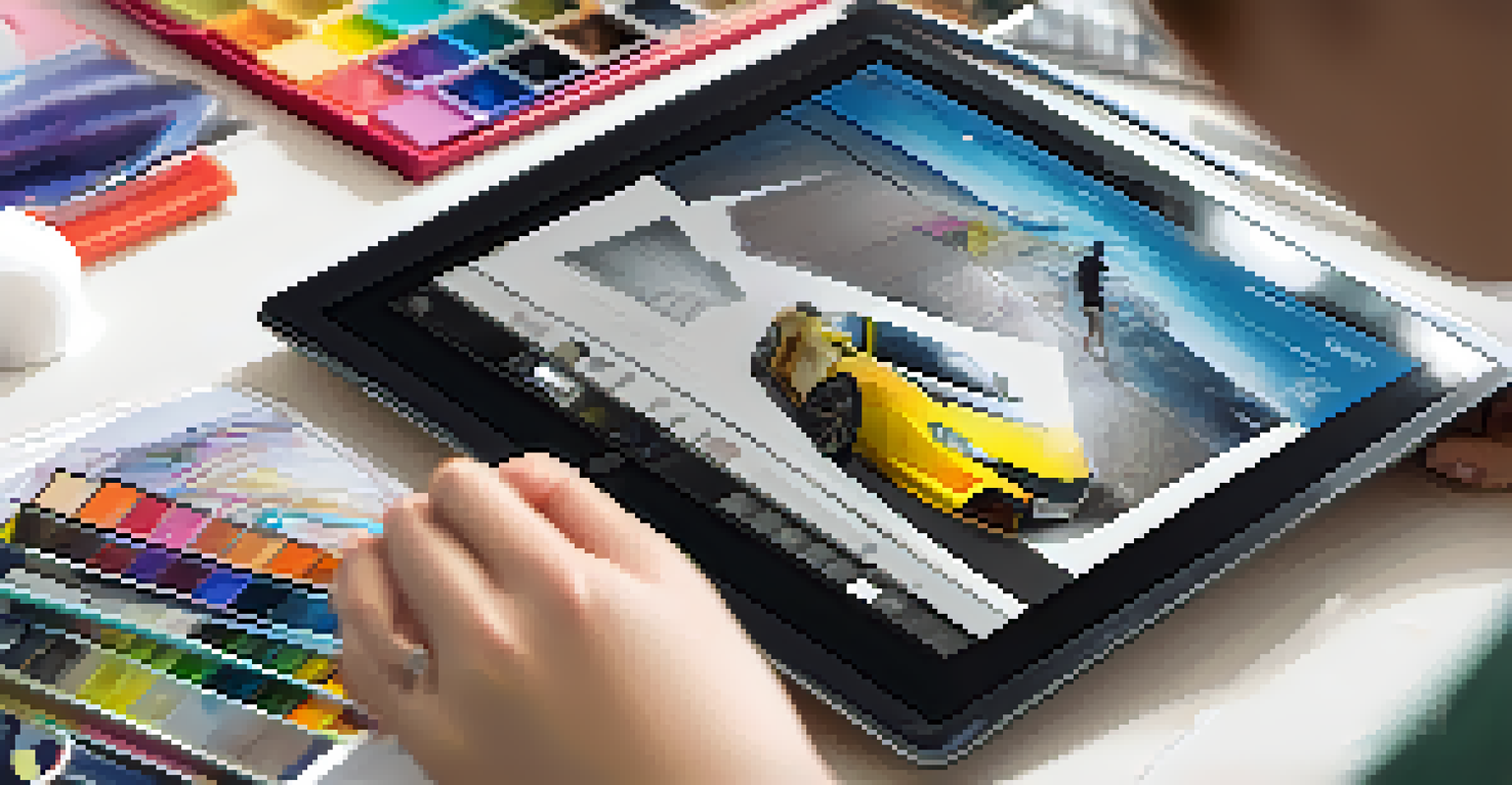 A student customizing a digital portfolio on a tablet, surrounded by art supplies and books in a bright setting.