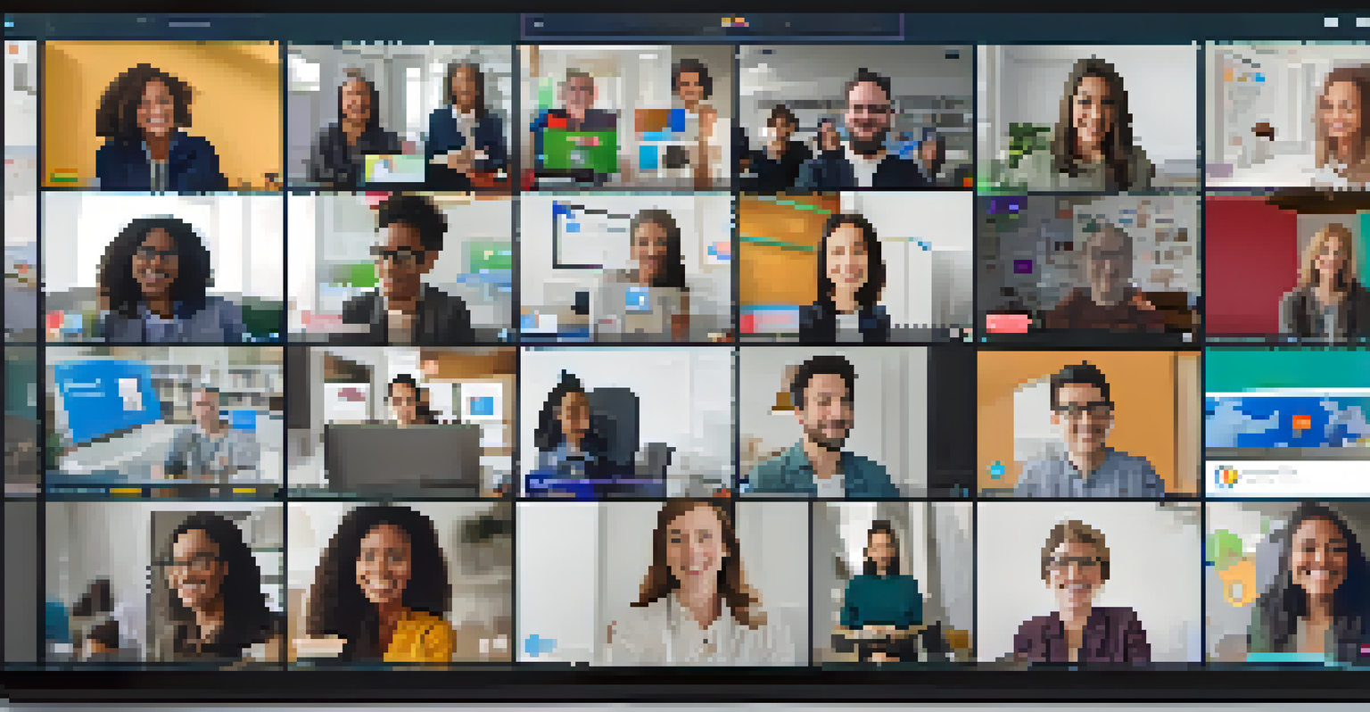A computer screen showing a virtual classroom with teachers and students engaging in video chat and sharing documents.