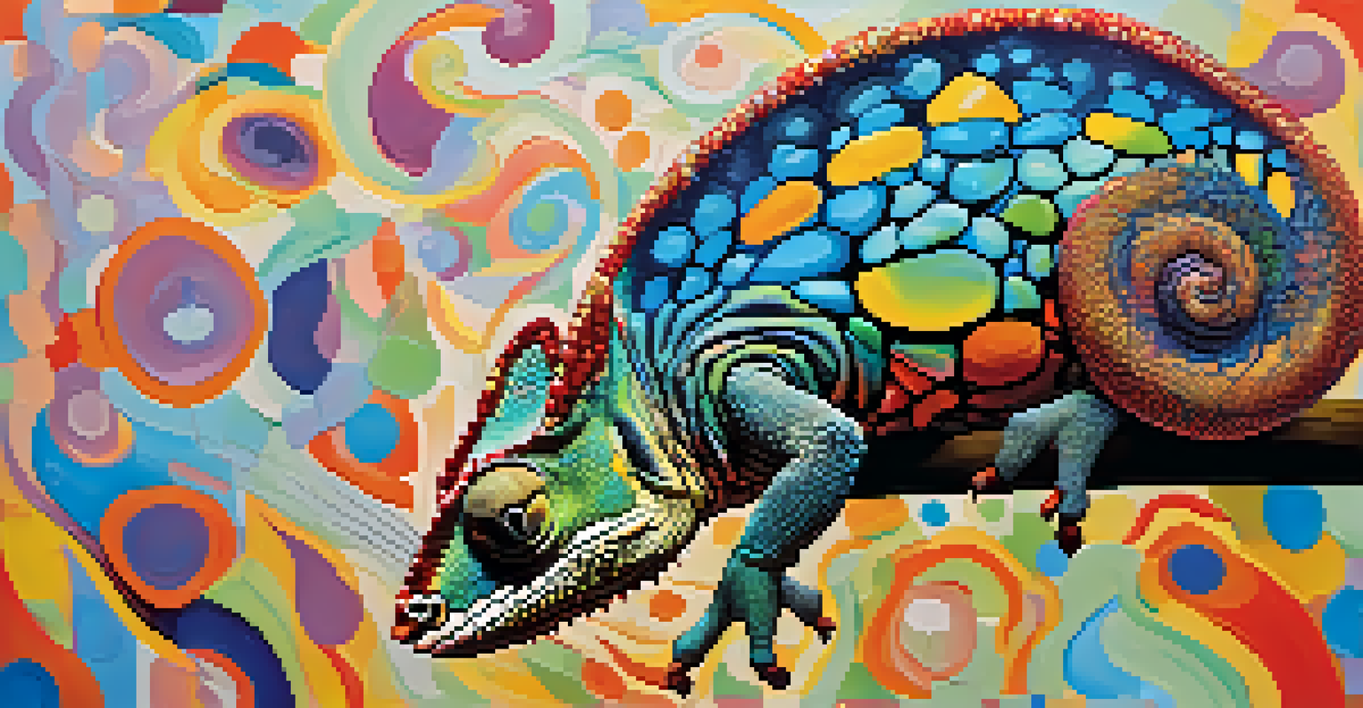 A chameleon blending into a colorful abstract background, symbolizing adaptability.