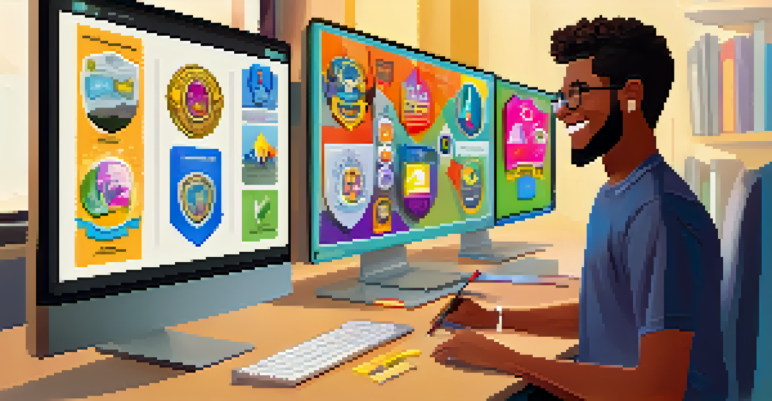 A computer screen displaying a colorful digital badge system, with a student in the background celebrating their achievements.