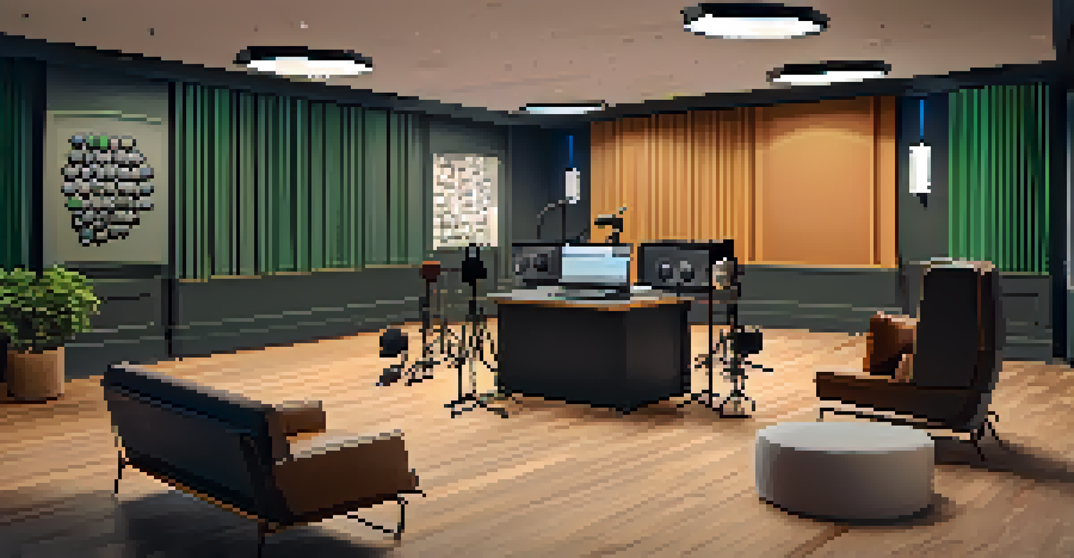 A cozy podcast studio with a host speaking into a microphone and audio equipment in a warm, inviting environment.