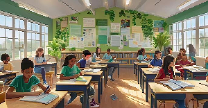 A vibrant classroom scene with diverse students working together at a table, surrounded by educational materials and natural light.