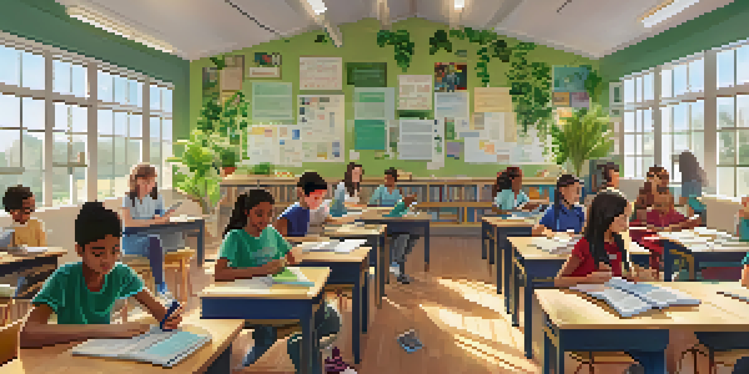 A vibrant classroom scene with diverse students working together at a table, surrounded by educational materials and natural light.