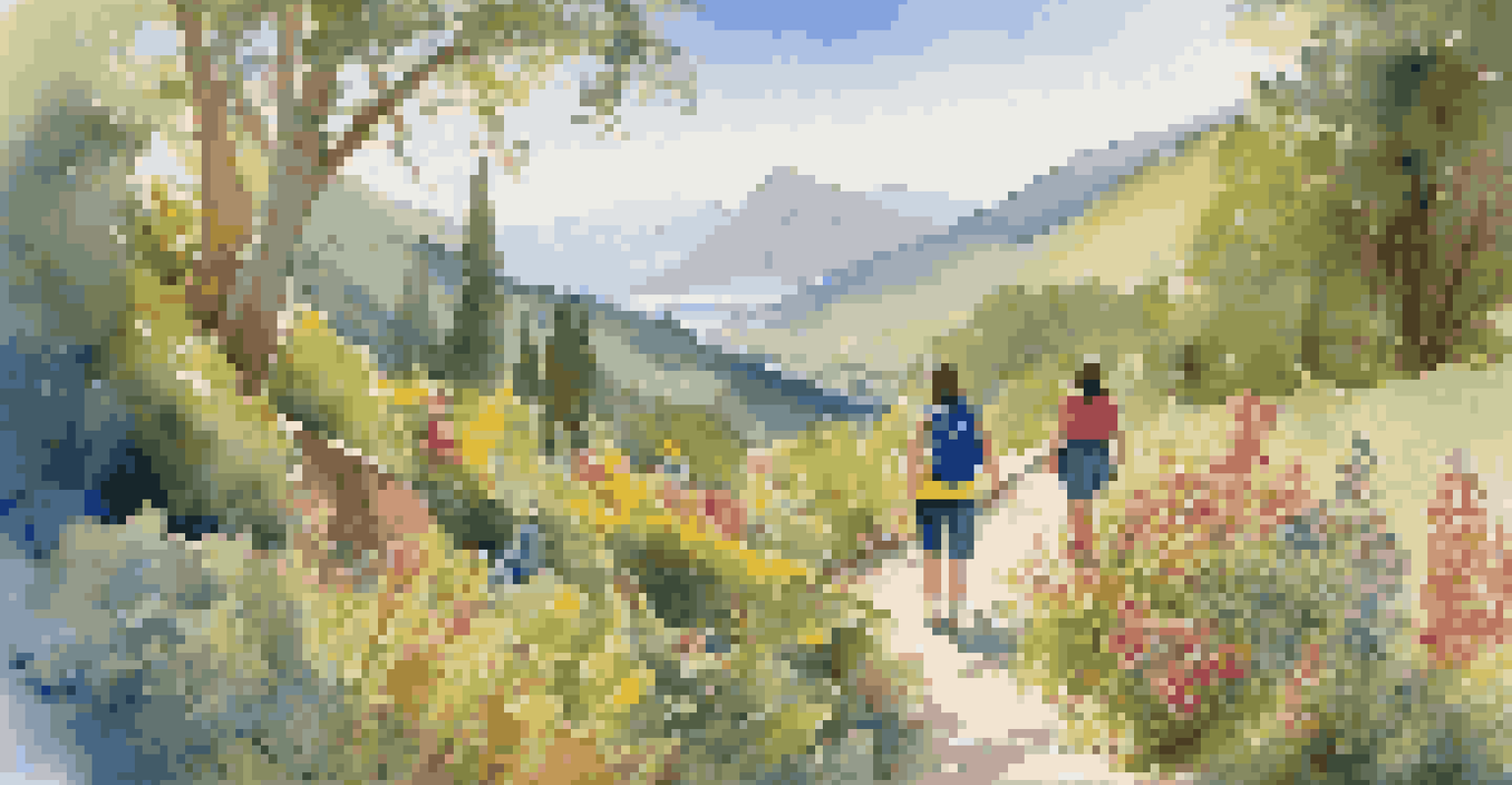 A family hiking on a trail, with a mother showing plants to her children, surrounded by mountains and flowers.