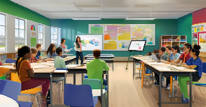 A lively classroom with students collaborating on laptops at a table, and a teacher using a smart board in a bright setting.