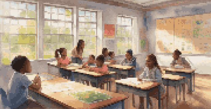 A diverse group of students in a bright classroom, attentively engaging with their teacher and educational materials.