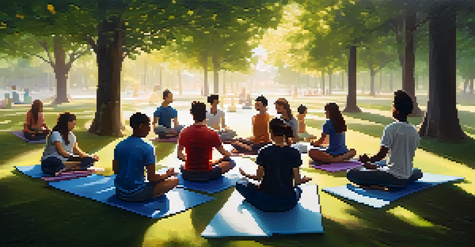A peaceful park scene with students practicing mindfulness on yoga mats, emphasizing mental well-being.