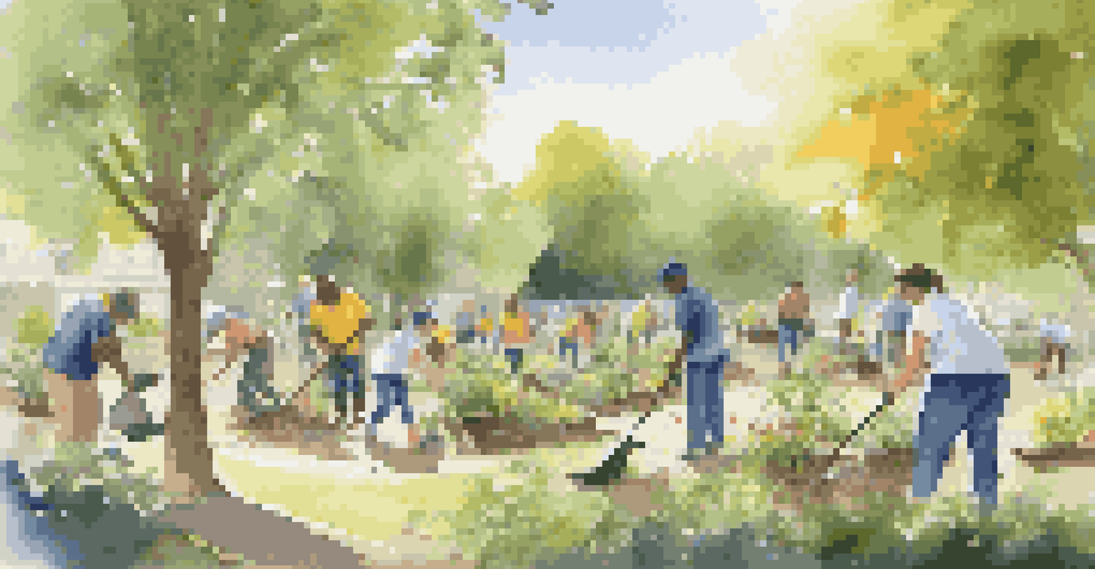 Volunteers of various ages participating in a community clean-up event at a park, working together to beautify the environment.