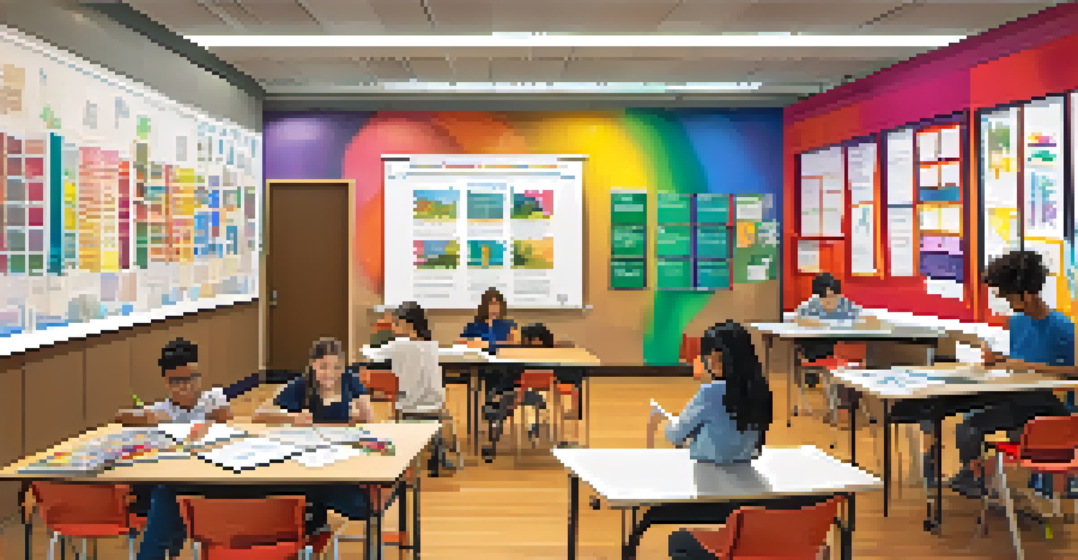 Students collaboratively working on a project in a colorful classroom, with a teacher guiding them and educational posters in the background.