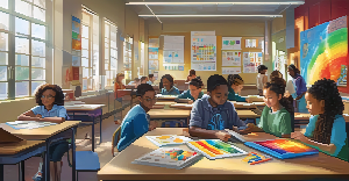 A lively classroom with students collaborating on a science project, surrounded by educational posters and bright sunlight.
