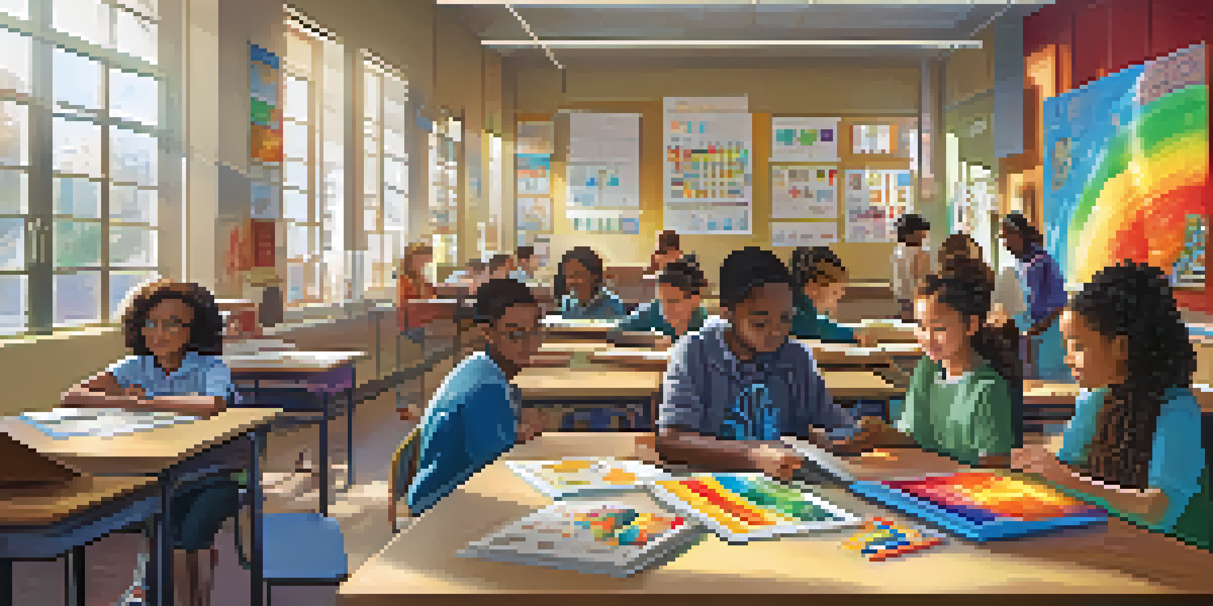 A lively classroom with students collaborating on a science project, surrounded by educational posters and bright sunlight.