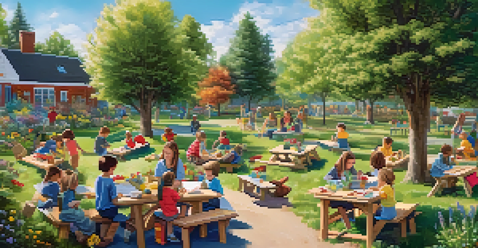 Children interacting with nature in an outdoor learning space, planting flowers and using art supplies.