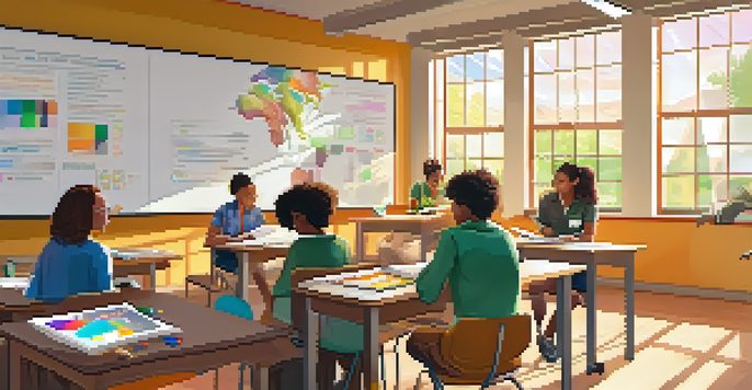A classroom with diverse students participating in different assessment activities, including group projects, presentations, and online quizzes.