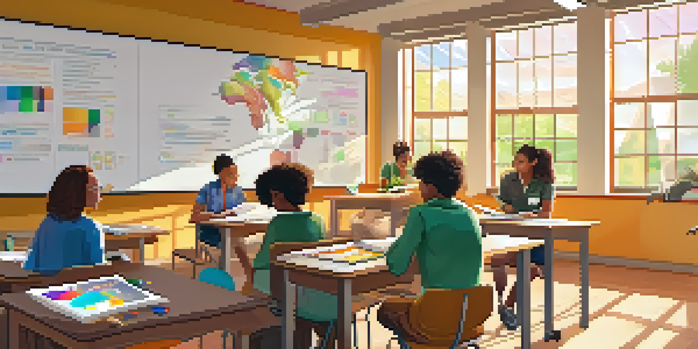 A classroom with diverse students participating in different assessment activities, including group projects, presentations, and online quizzes.