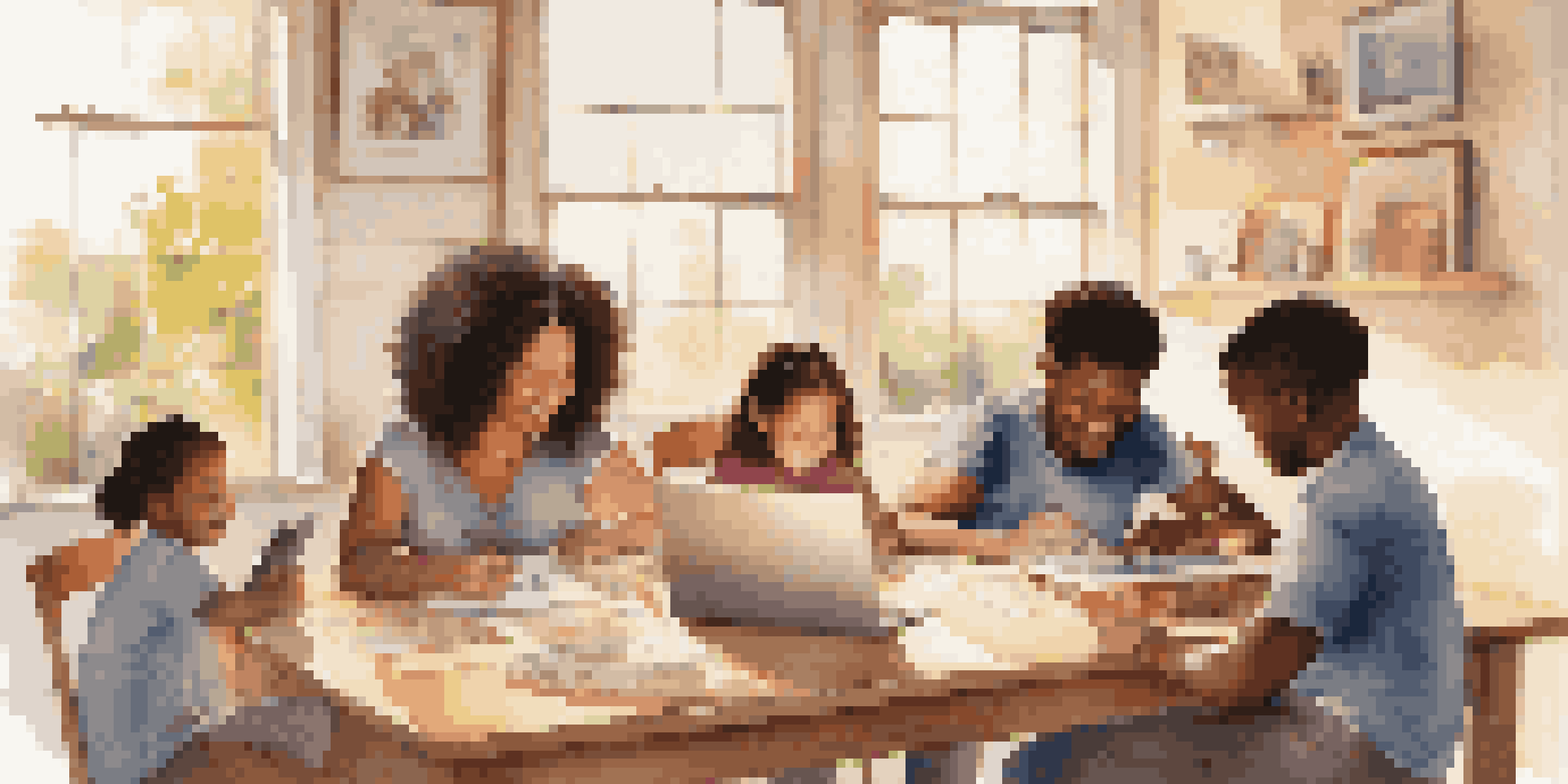 A diverse group of parents and children engaged in a digital learning session at a table, with laptops and tablets open, in a bright and welcoming room.