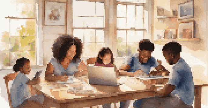 A diverse group of parents and children engaged in a digital learning session at a table, with laptops and tablets open, in a bright and welcoming room.