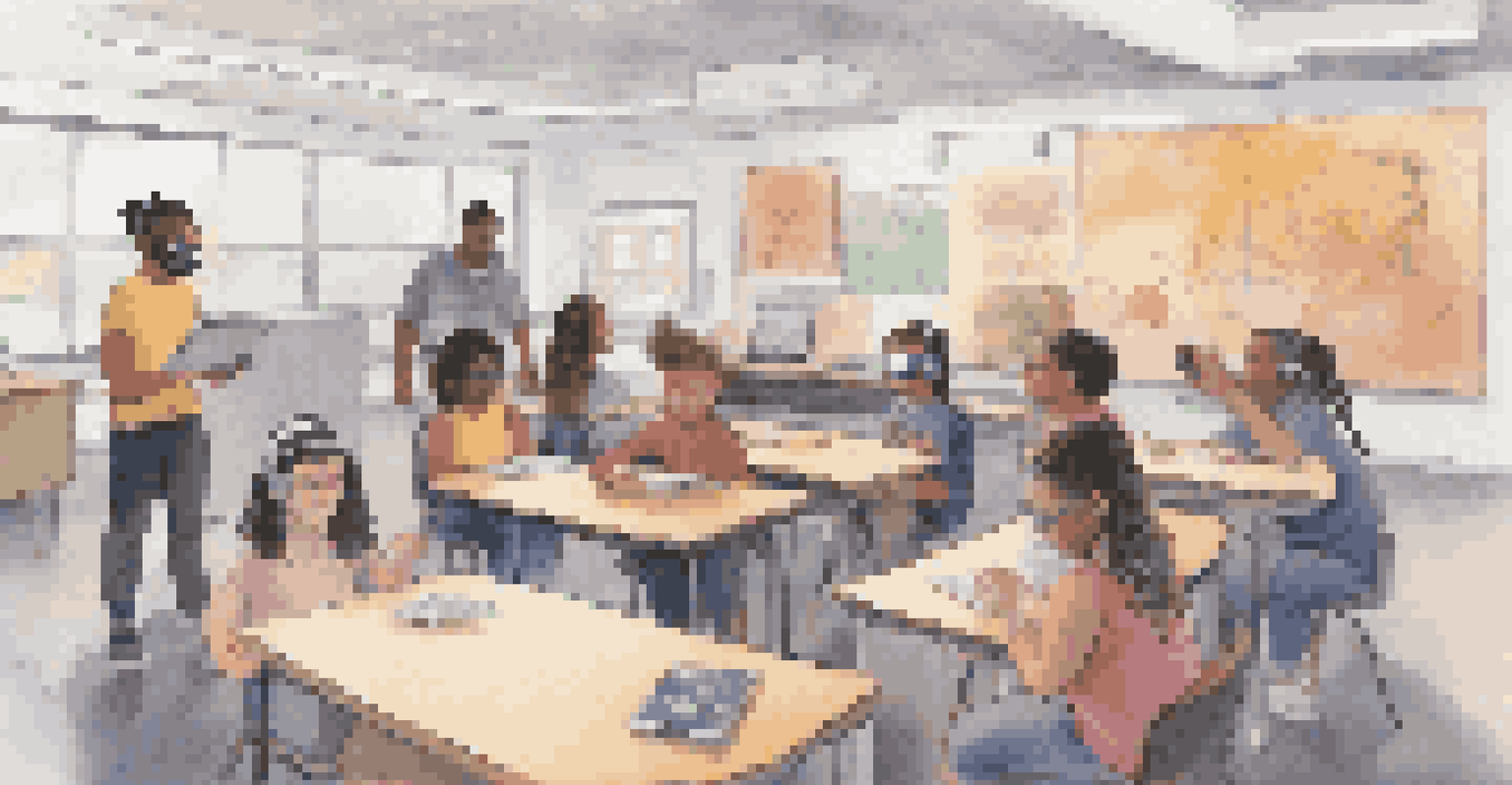 An inclusive classroom where students with diverse learning needs use AI tools, including speech recognition and virtual reality.