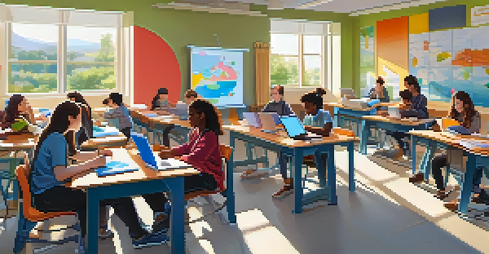 A diverse group of students in a bright classroom using laptops for digital assessments, with colorful graphics on their screens.
