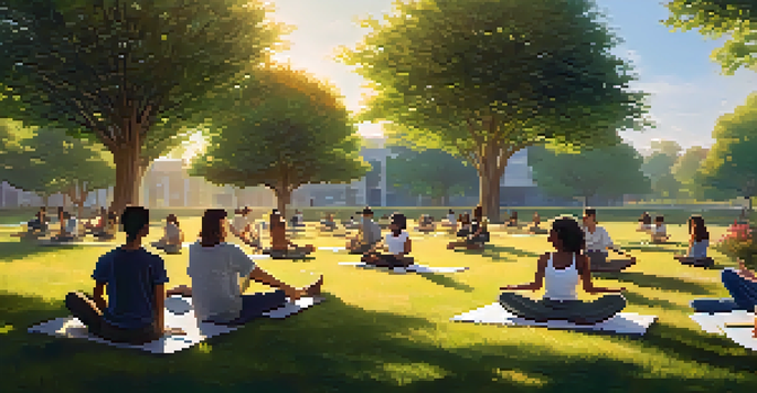 A diverse group of students studying outdoors on a sunny day, some exercising while others are reading or using laptops.