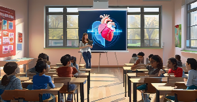 A classroom where students are using augmented reality technology to learn about anatomy, featuring a student interacting with a 3D heart model.