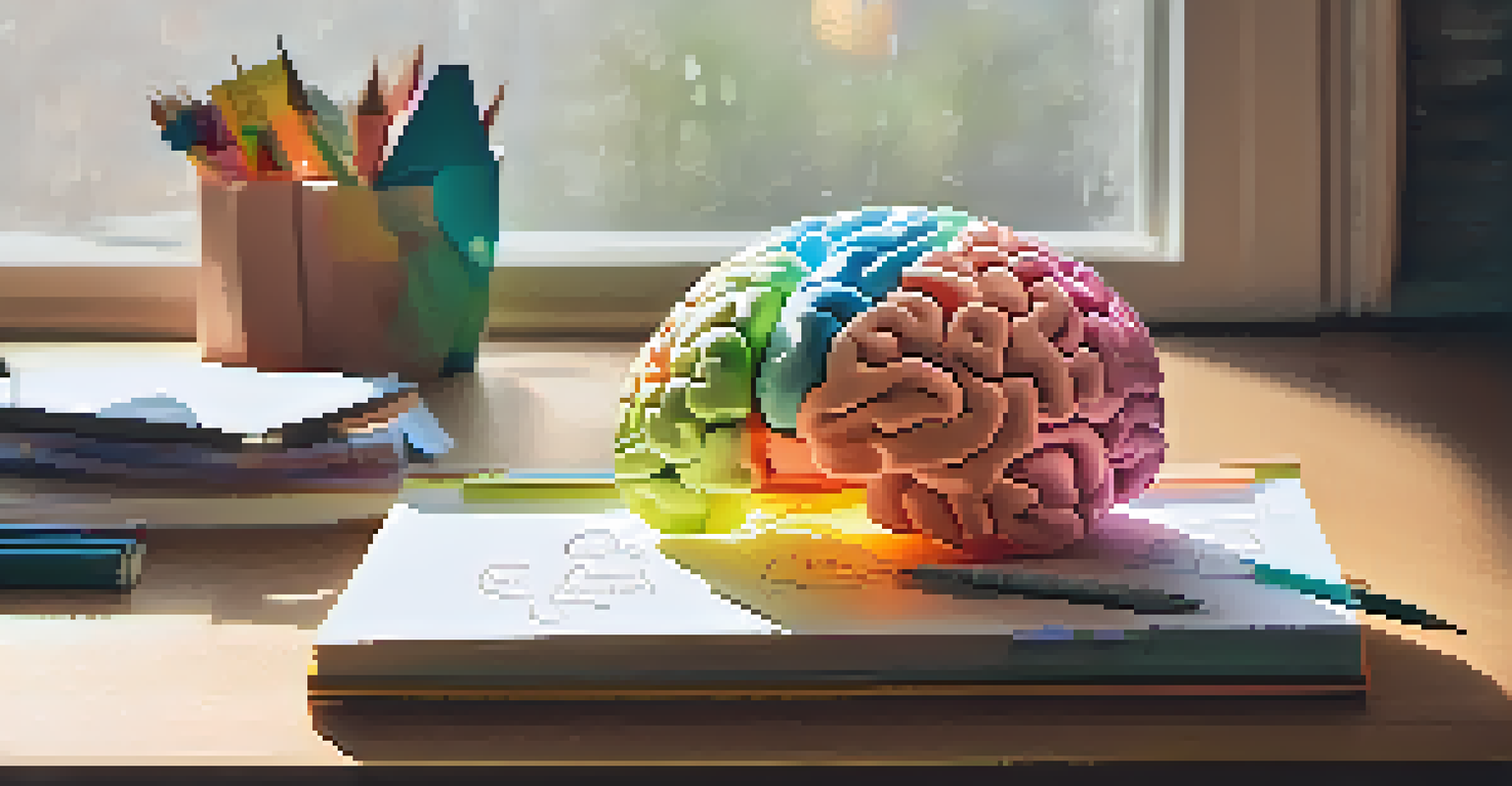 A close-up of a brain model on a desk with sticky notes and a notepad, symbolizing the concept of neuroplasticity and learning.