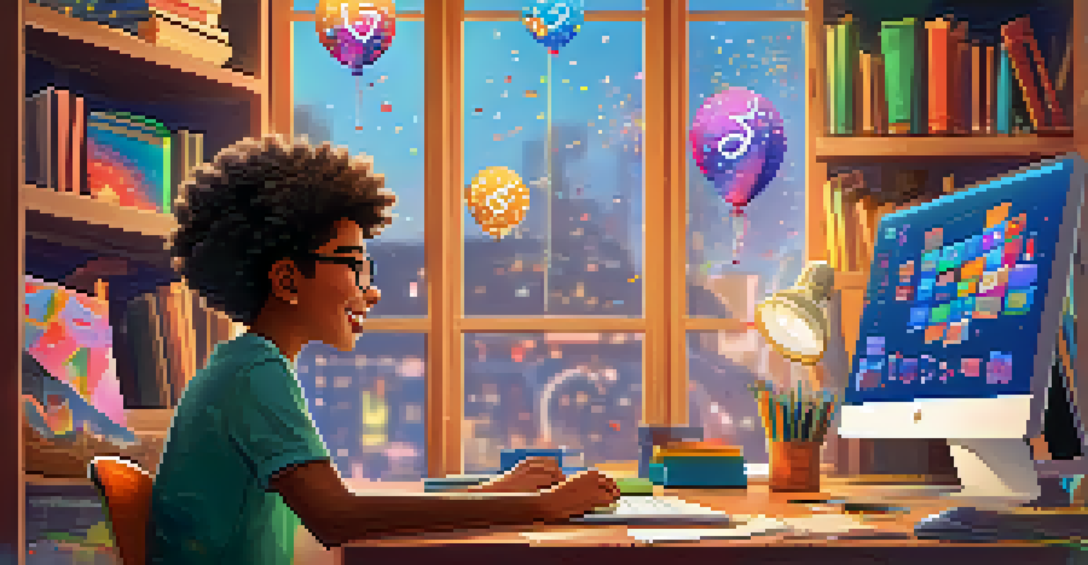 A student excitedly receiving a digital badge on their computer screen for completing an assignment, with a study space in the background.