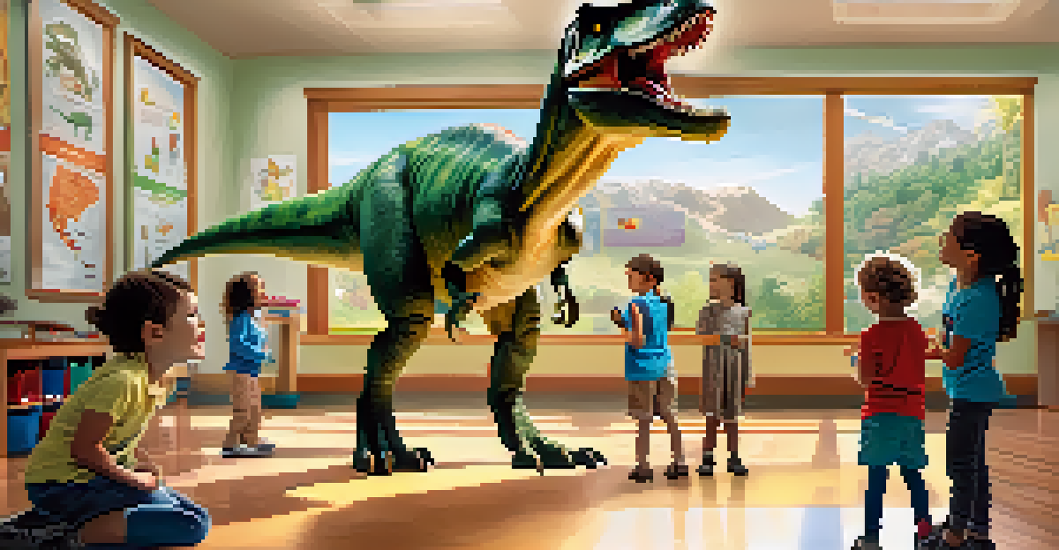 A classroom filled with children interacting with a life-sized animated T-Rex, surrounded by educational materials and bright sunlight.