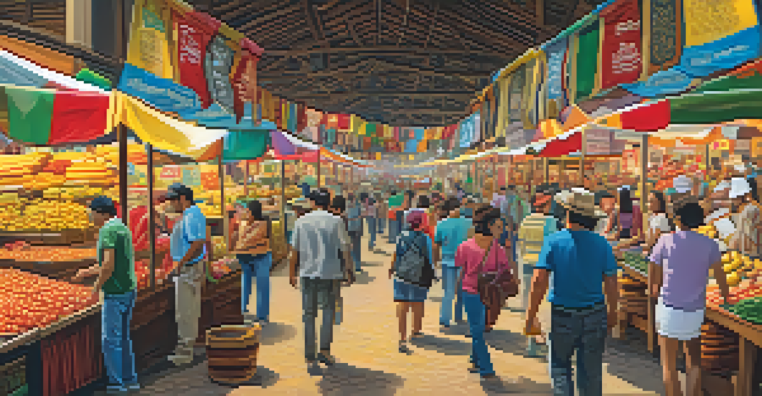 A virtual reality scene of a marketplace in Mexico, with a user practicing Spanish with virtual vendors in a lively environment.