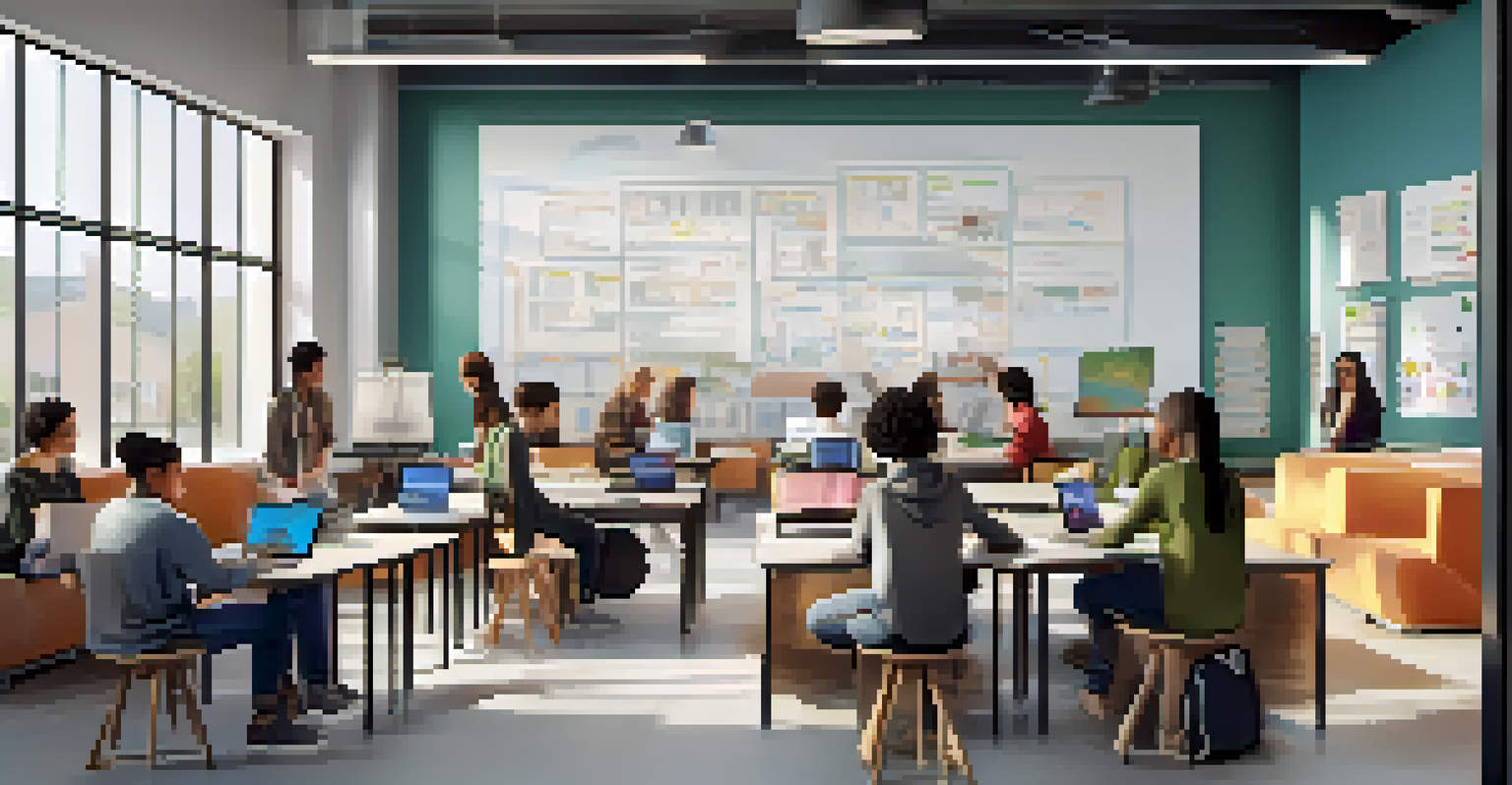 Students collaborating in a modern digital learning environment, using laptops and interactive screens for a project.