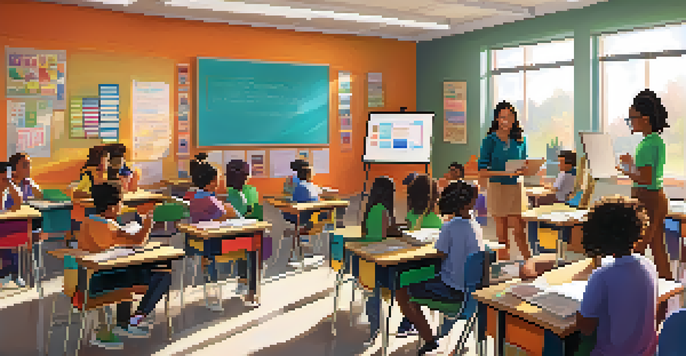 A classroom filled with students of different backgrounds using laptops and collaborating in groups under the guidance of a teacher, creating an engaging learning environment.