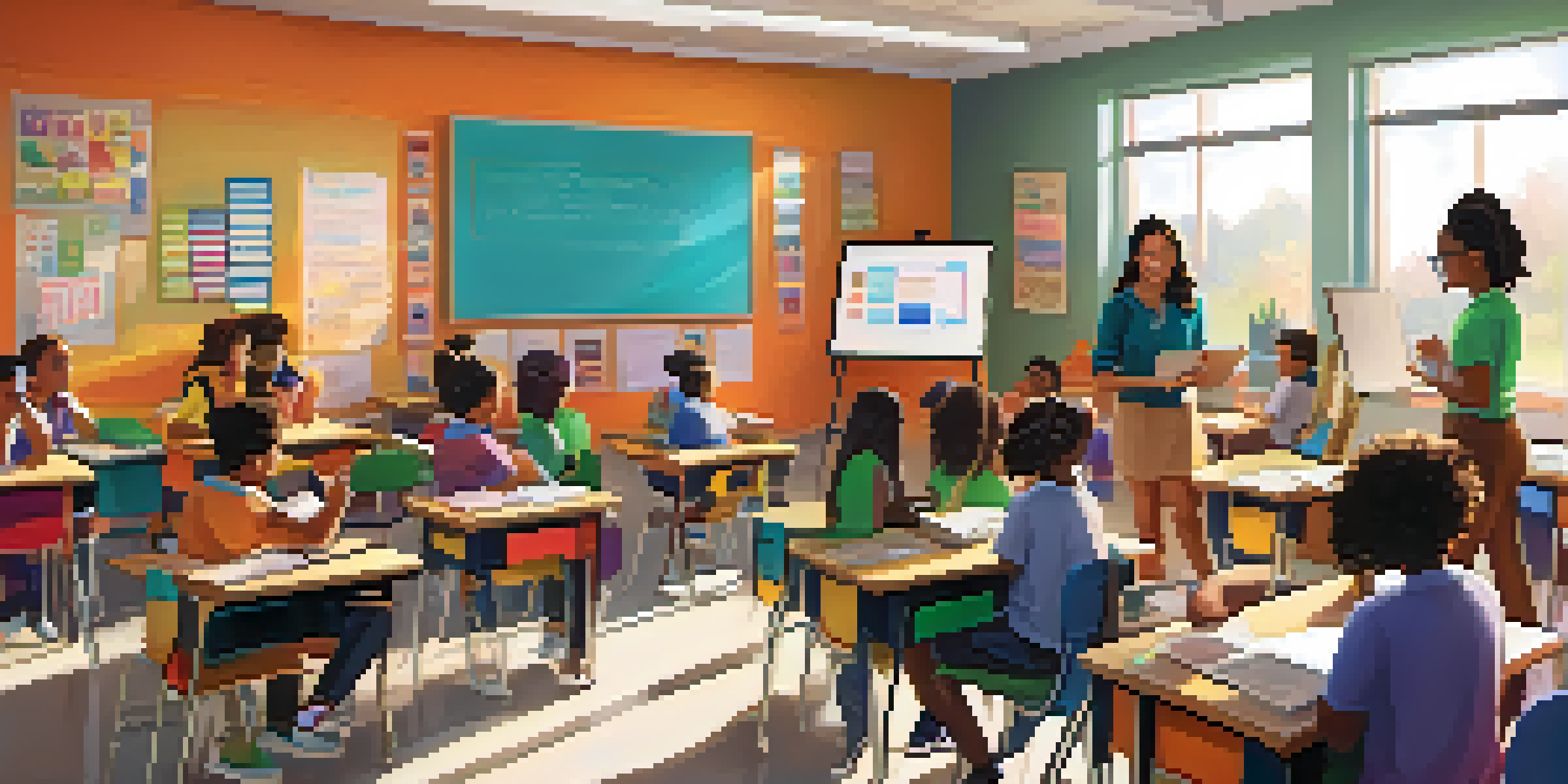 A classroom filled with students of different backgrounds using laptops and collaborating in groups under the guidance of a teacher, creating an engaging learning environment.