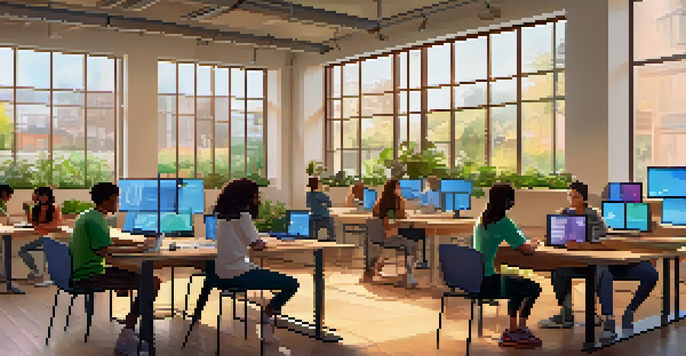 A diverse group of students in a digital classroom, interacting with online assessments and feedback on their screens, with sunlight and plants around them.