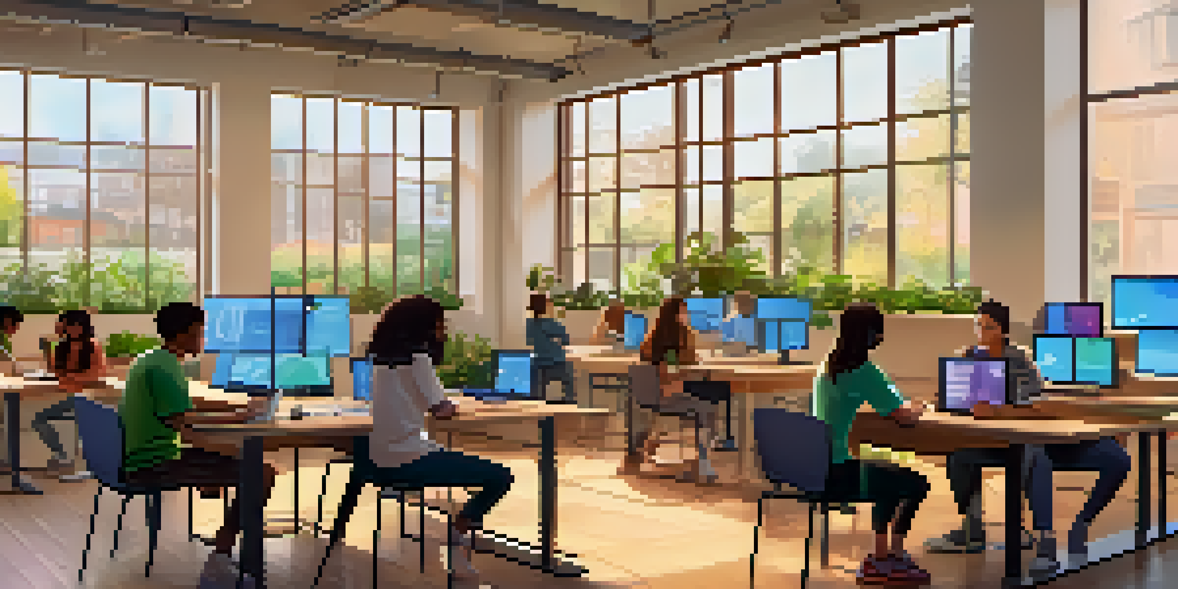 A diverse group of students in a digital classroom, interacting with online assessments and feedback on their screens, with sunlight and plants around them.