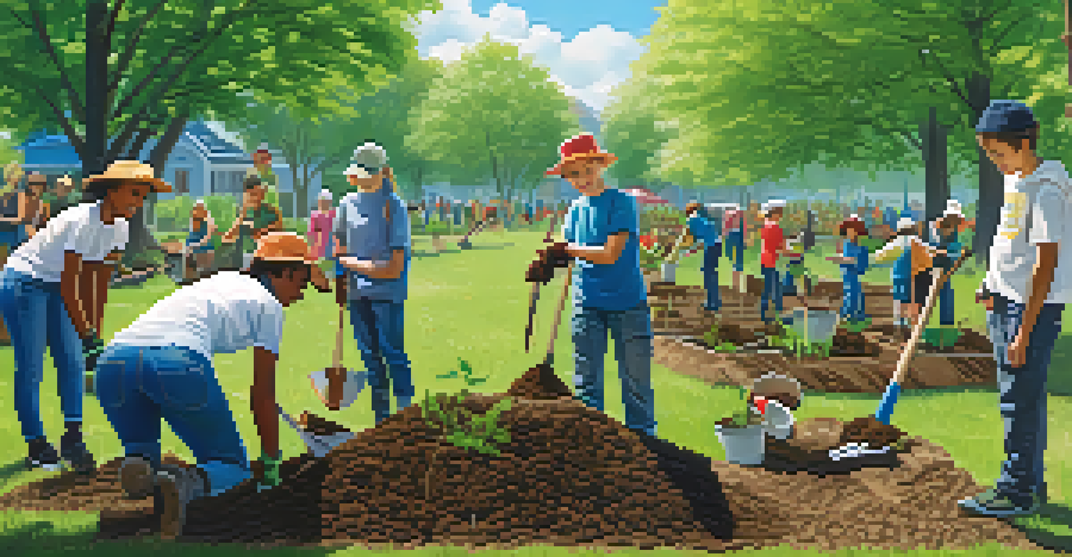 Students and community members planting trees together in a sunny park, showcasing collaboration and environmental stewardship.