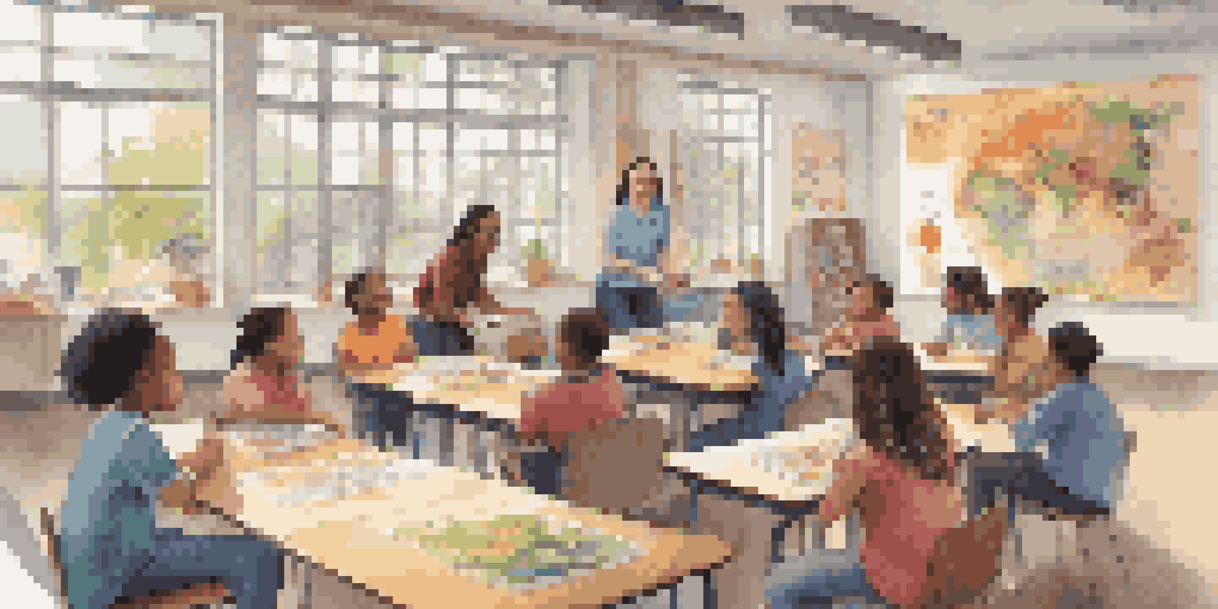 A classroom with a diverse group of students and a teacher engaging in discussion, surrounded by cultural posters and bright natural light.