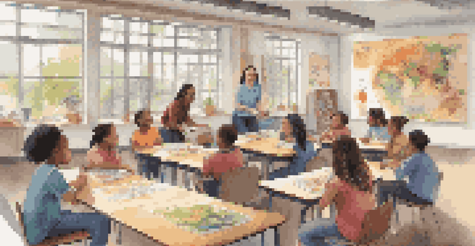 A classroom with a diverse group of students and a teacher engaging in discussion, surrounded by cultural posters and bright natural light.