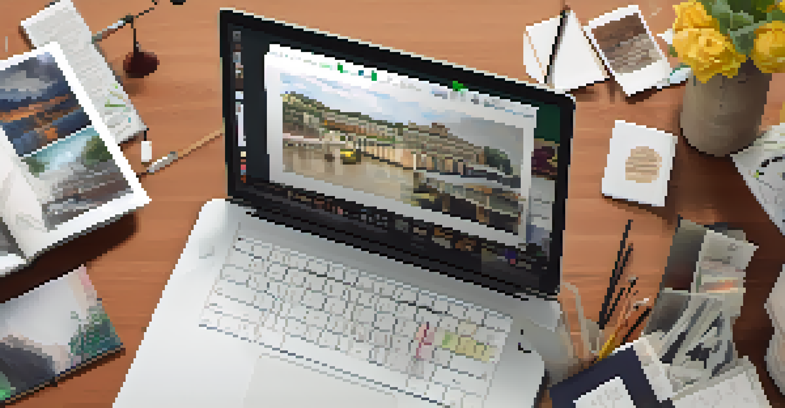 An overhead view of a laptop displaying a digital portfolio with various student works, surrounded by art supplies and notes.