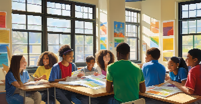 A diverse group of students working together on a project in a bright classroom, with colorful educational materials around them.