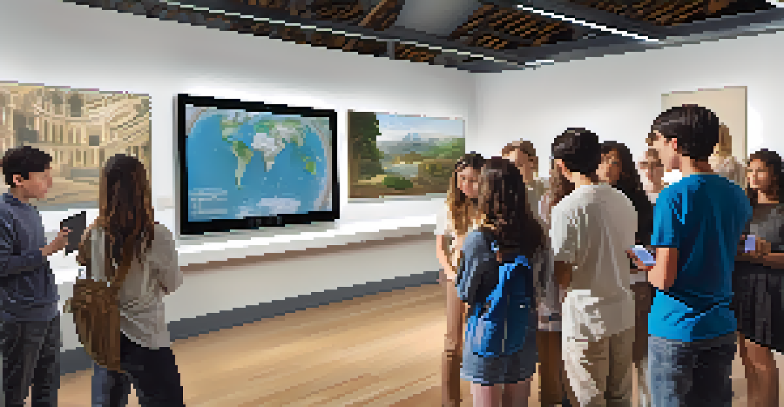 A group of students participating in an interactive virtual museum tour using a tablet, exploring a famous artwork with digital highlights.