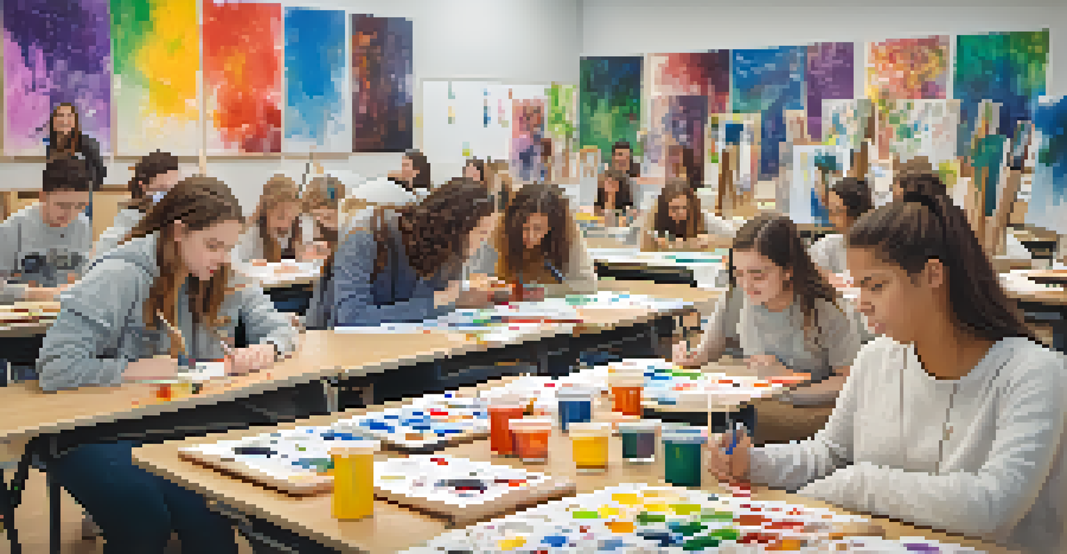 Students in an art class expressing emotions through painting, surrounded by art supplies and colorful canvases.