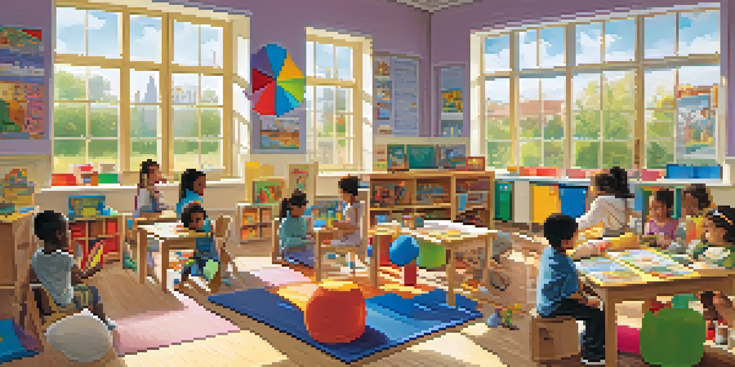 A lively classroom with children participating in activities, colorful decorations, and sunlight filtering through the windows.