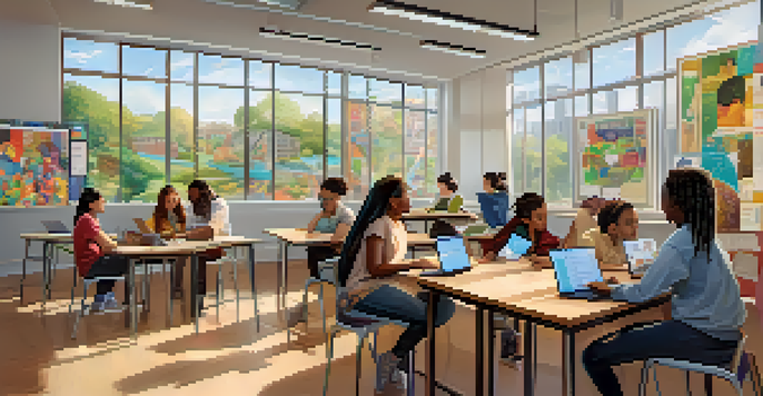 A diverse group of students in a bright classroom, some using laptops and others discussing, with posters on global health topics on the walls.