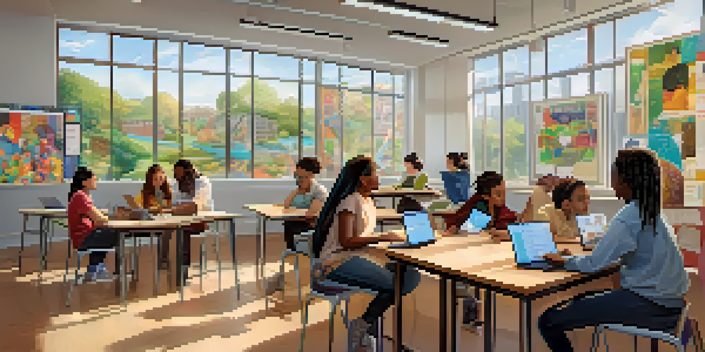 A diverse group of students in a bright classroom, some using laptops and others discussing, with posters on global health topics on the walls.