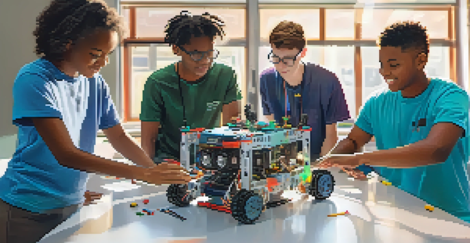 A diverse group of students collaborating on a robotics project in a modern classroom filled with sunlight and colorful tools.